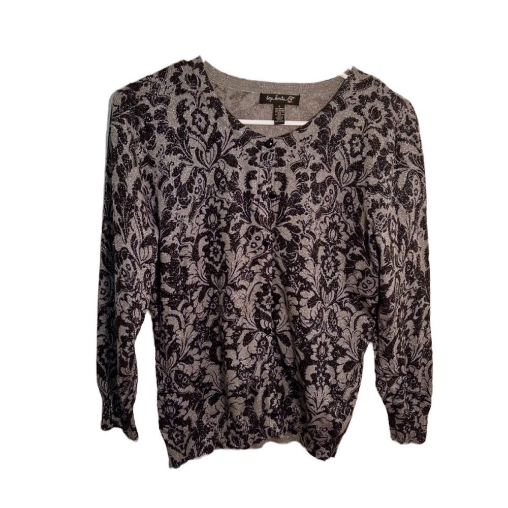 Top Knits Women's Size Large Cardigan Sweater Button Down Silver Sparkle Paisley